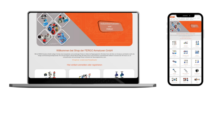 Ordinateur portable et smartphone avec le site web de FERGO Armaturen GmbH ouvert, qui présente différentes robinetteries industrielles et accessoires.
