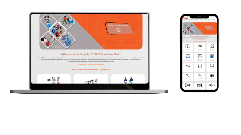 Laptop und Smartphone mit geöffneter Website der FERGO Armaturen GmbH, die verschiedene Industriearmaturen und Zubehörteile zeigt.