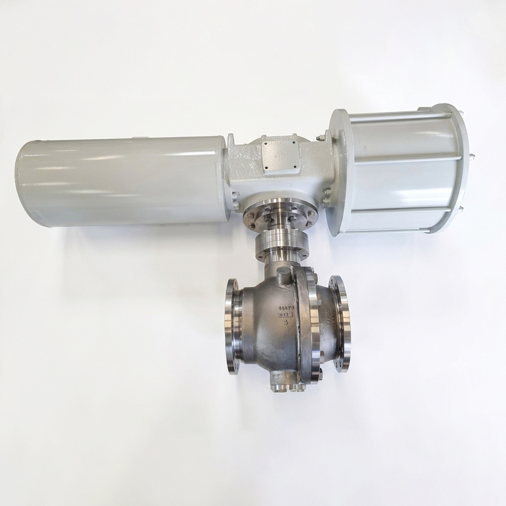 Duplex-Edelstahl Trunnion-Kugelhahn mit Scotch-Yoke-Antrieb für anspruchsvolle Offshore-Anwendungen.